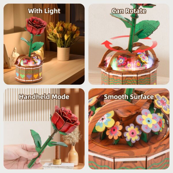 MIEBELY 3D Wooden Puzzles for Adults, Light Up 3D Puzzle Flower Rose Building Puzzle with Music Box, 216 pcs Craft Birthday Gift for Adult and Teen